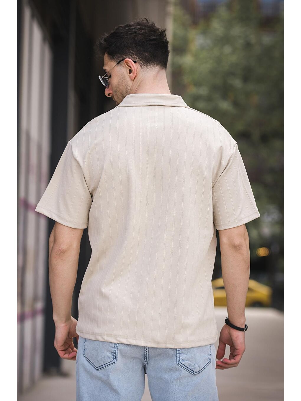 Ekru Lond Polo Yaka Jakar Kumaş Yarım Fermuarlı Erkek Tshirt-3