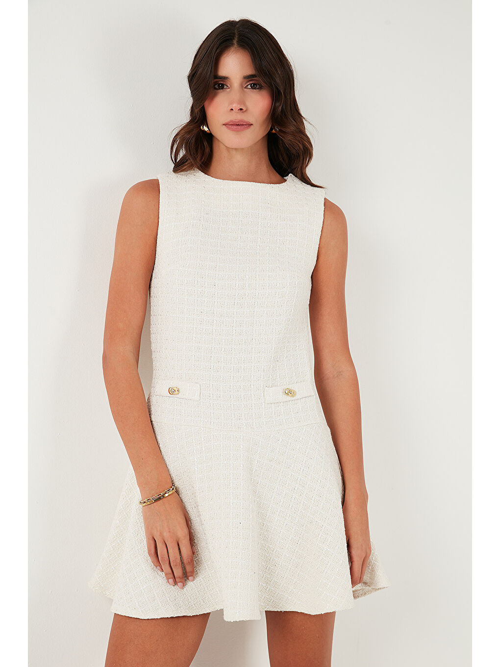 Ekru Pamuklu Regular Fit Bisiklet Yaka Düğme Detaylı A Kesim Mini Abiye Elbise 6525687-5