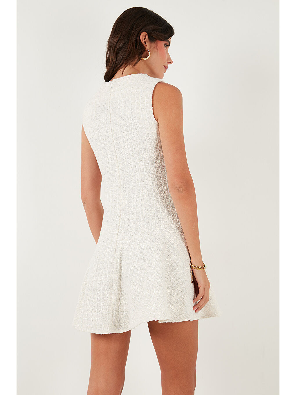 Ekru Pamuklu Regular Fit Bisiklet Yaka Düğme Detaylı A Kesim Mini Abiye Elbise 6525687-6