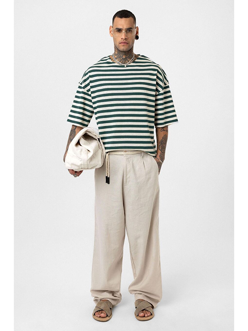 Yeşil Çizgili Oversize Triko Tişört Nefti