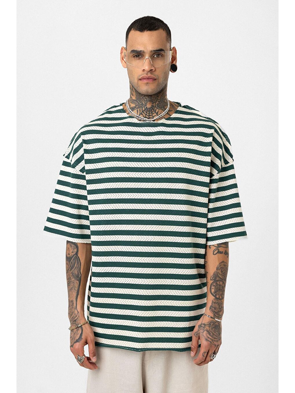 Yeşil Çizgili Oversize Triko Tişört Nefti-2