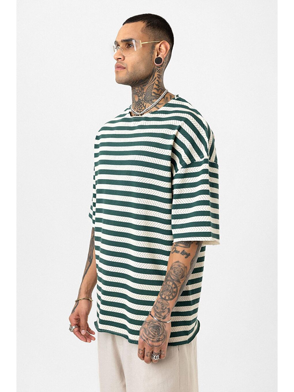 Yeşil Çizgili Oversize Triko Tişört Nefti-3