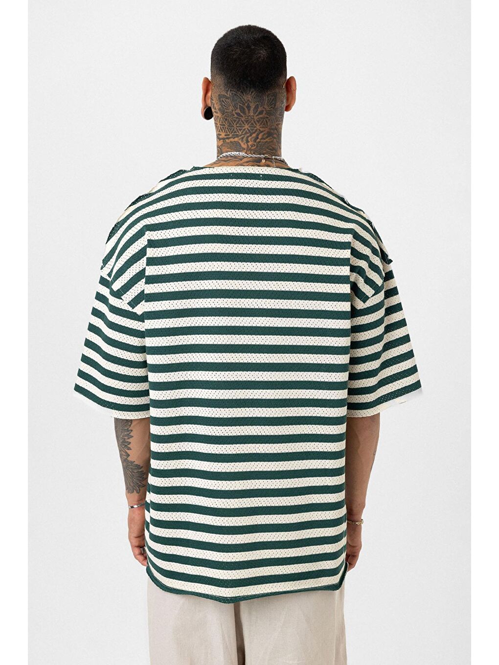 Yeşil Çizgili Oversize Triko Tişört Nefti-4