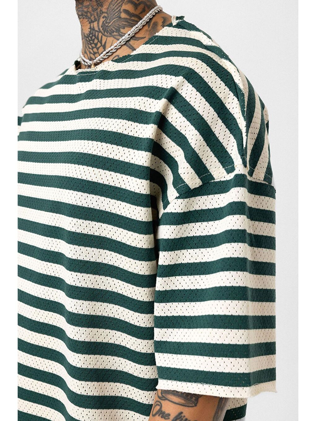 Yeşil Çizgili Oversize Triko Tişört Nefti-5