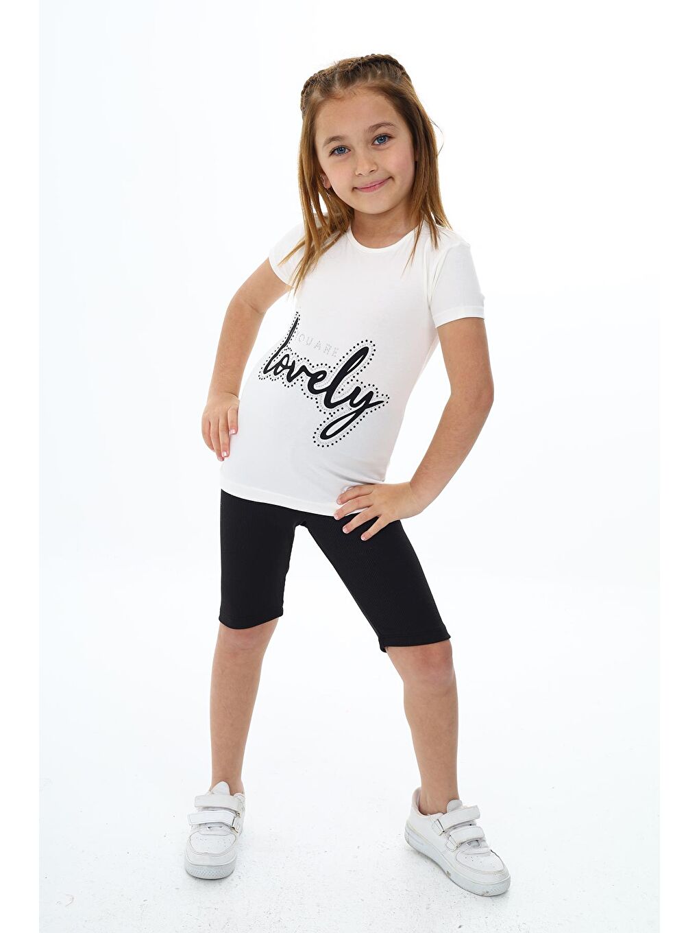 Beyaz Kız Çocuk Kontür Süsleme Baskılı Kısa Taytlı Takım 3-13 Yaş Zu105-1