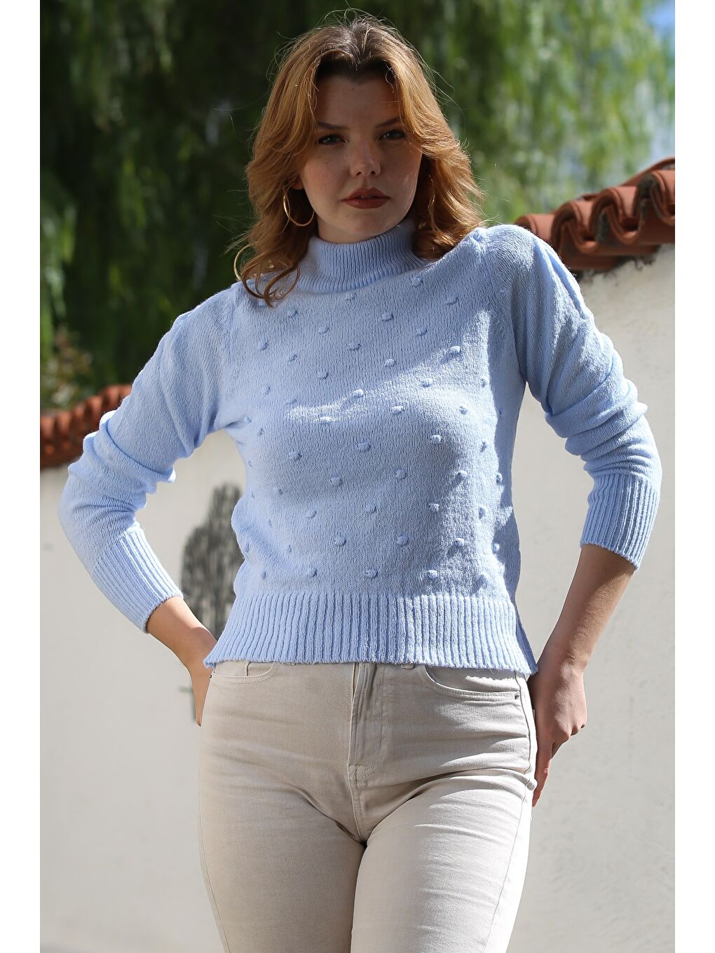 Açık Mavi Balıkçı Yaka Uzun Kol Puantiyeli Triko Kazak 60 55-5