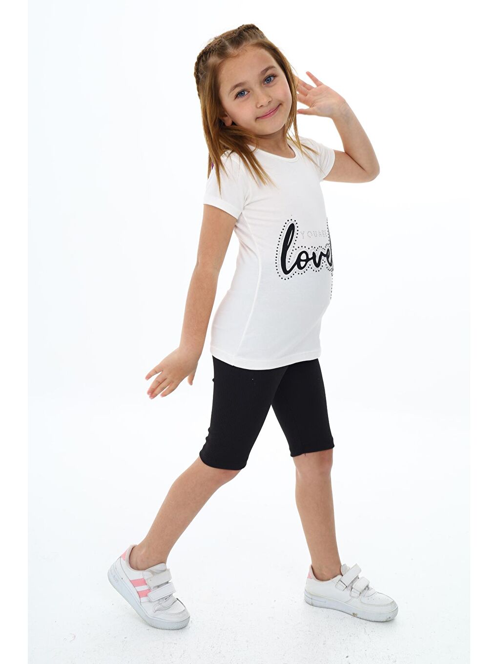 Beyaz Kız Çocuk Kontür Süsleme Baskılı Kısa Taytlı Takım 3-13 Yaş Zu105-2