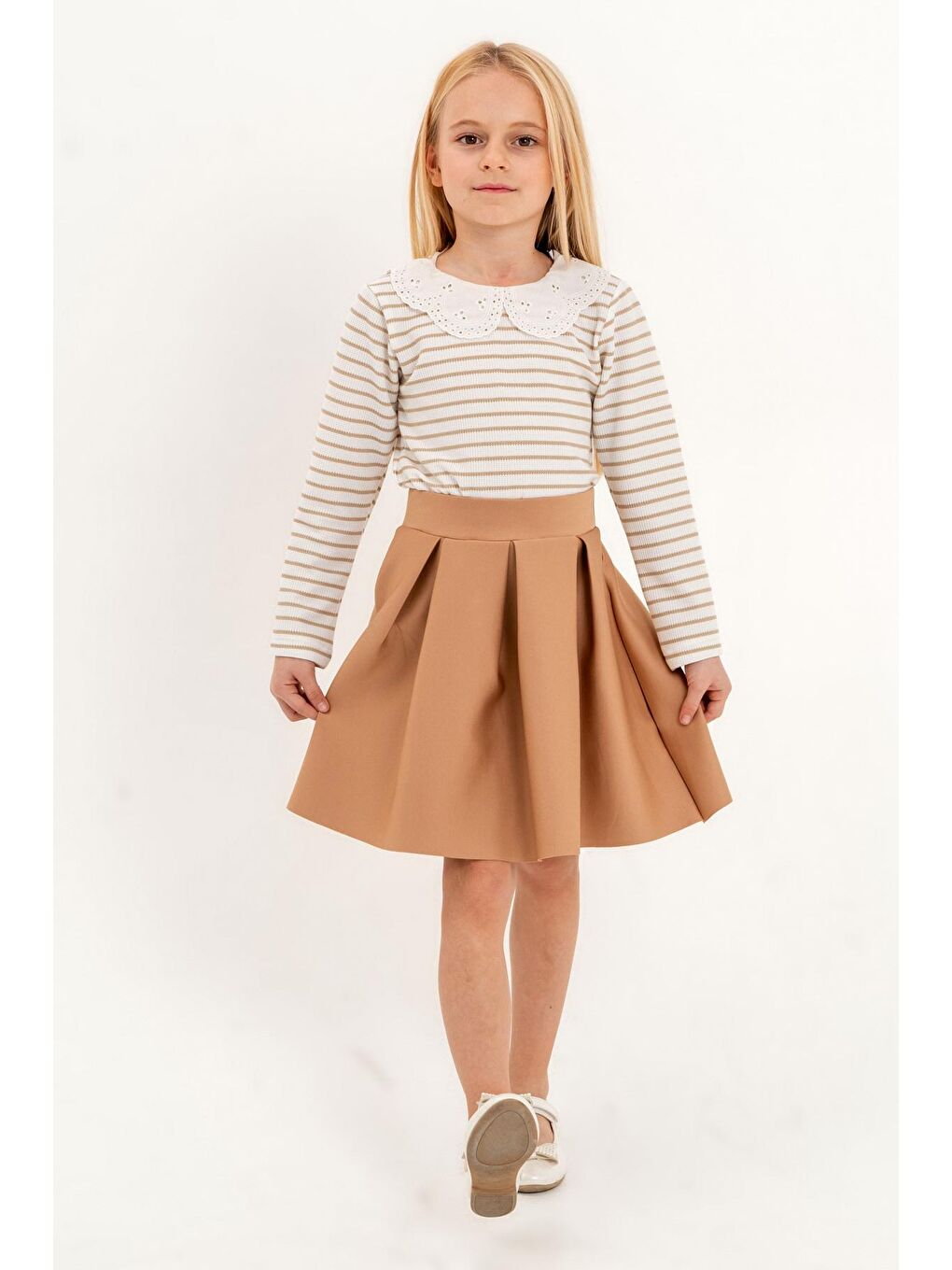 Kız Çocuk Bej Çizgili 3-7 Yaş Takım - 23311-3