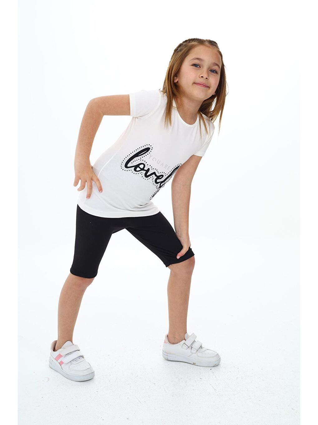 Beyaz Kız Çocuk Kontür Süsleme Baskılı Kısa Taytlı Takım 3-13 Yaş Zu105-3