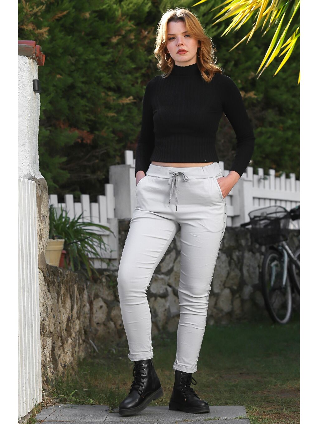 İtalyan Ekru Cepli Yanları Şeritli Lastikli Ve Bağlamalı Bel Casual Dokuma Pantolon 98 62-7