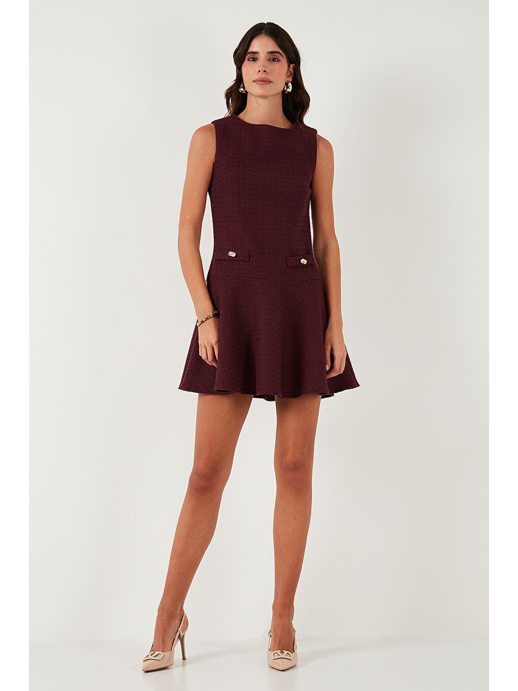 Bordo Pamuklu Regular Fit Bisiklet Yaka Düğme Detaylı A Kesim Mini Abiye Elbise 6525687-1