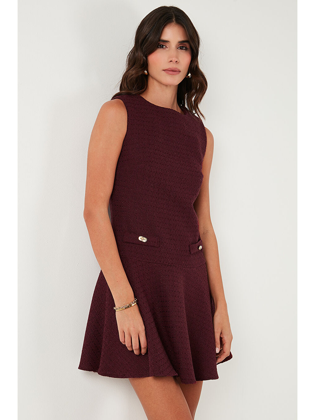 Bordo Pamuklu Regular Fit Bisiklet Yaka Düğme Detaylı A Kesim Mini Abiye Elbise 6525687-2