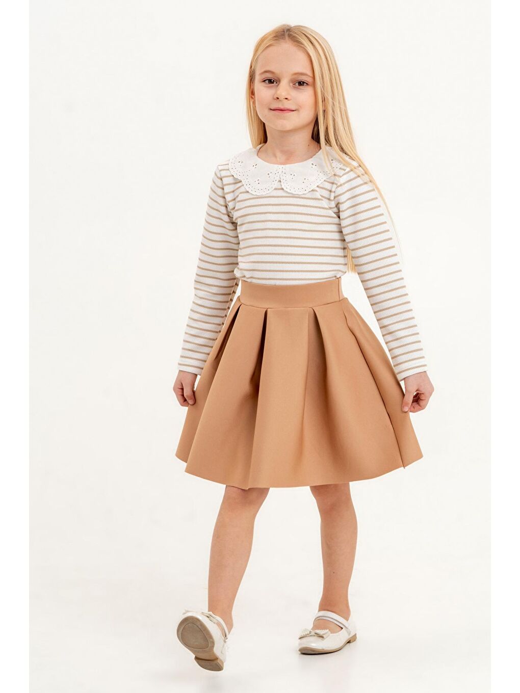 Kız Çocuk Bej Çizgili 3-7 Yaş Takım - 23311-3-1