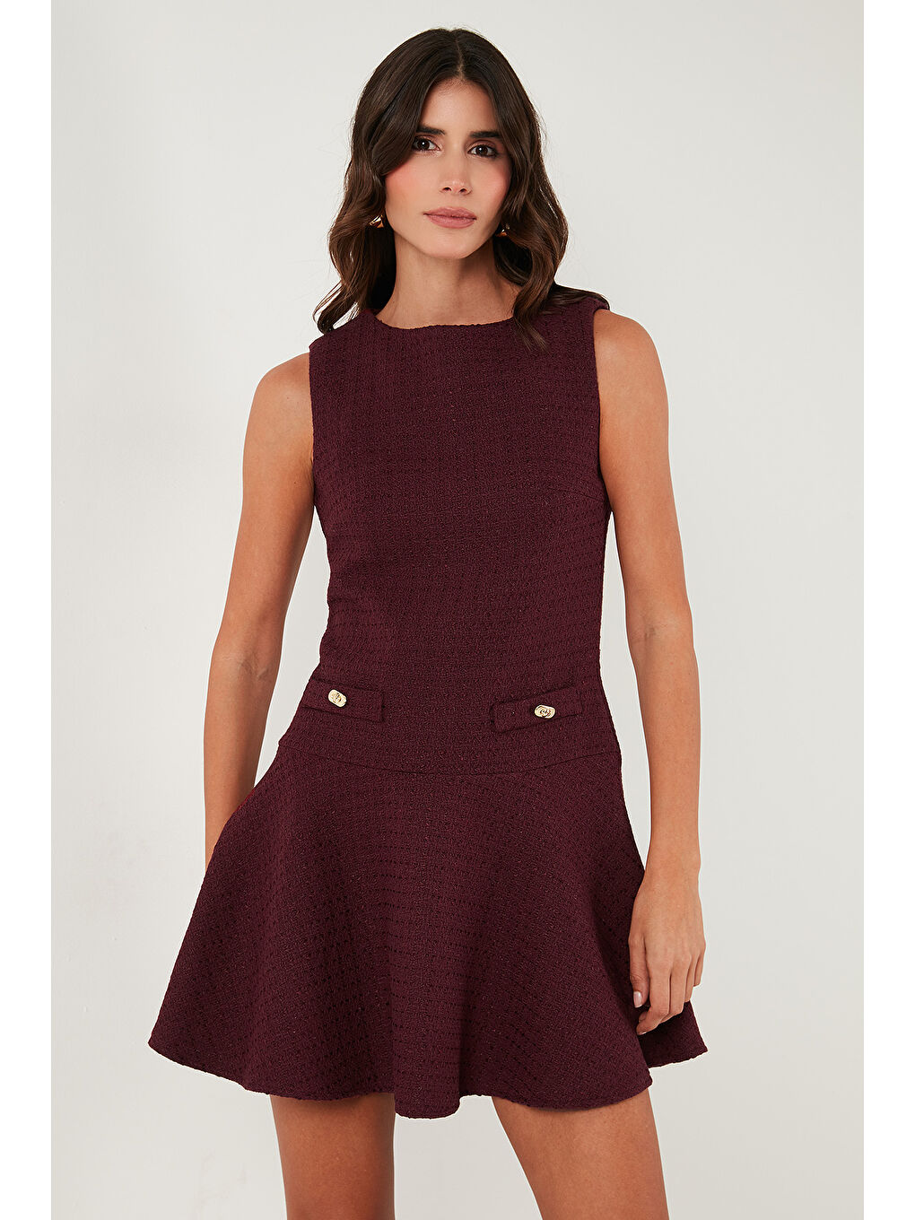 Bordo Pamuklu Regular Fit Bisiklet Yaka Düğme Detaylı A Kesim Mini Abiye Elbise 6525687-3