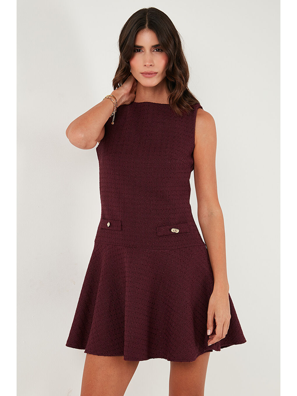 Bordo Pamuklu Regular Fit Bisiklet Yaka Düğme Detaylı A Kesim Mini Abiye Elbise 6525687-4