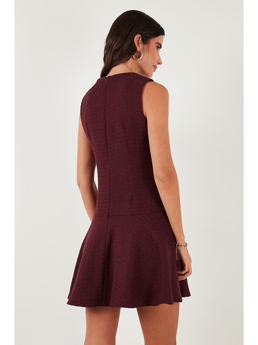 Bordo Pamuklu Regular Fit Bisiklet Yaka Düğme Detaylı A Kesim Mini Abiye Elbise 6525687-6