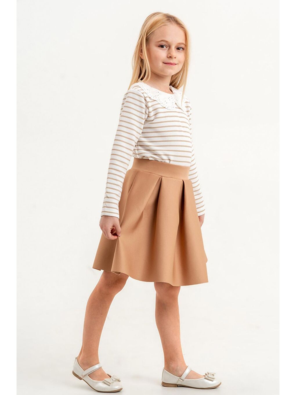 Kız Çocuk Bej Çizgili 3-7 Yaş Takım - 23311-3-2