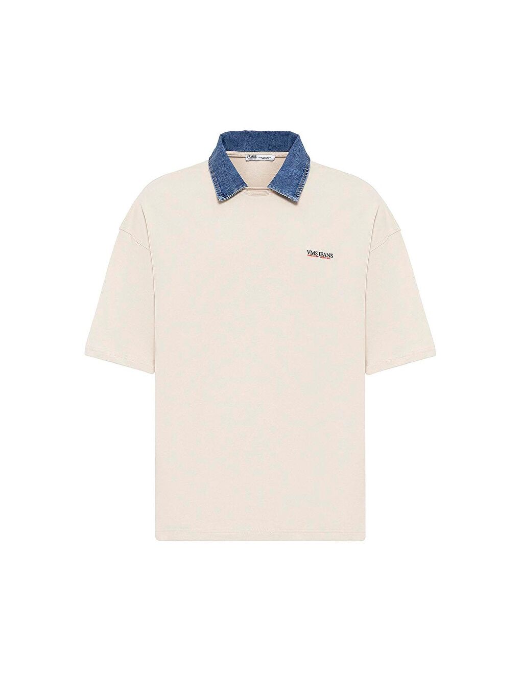 Bej Polo Yaka Yazı Detaylı Oversize Tişört Taş-1