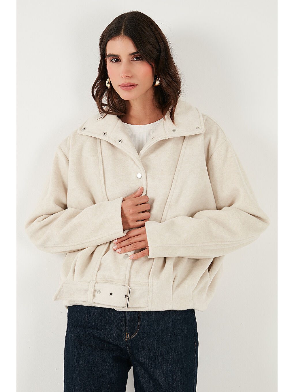 Bej Pamuk Karışımlı Oversize Kemer Detaylı Astarlı Kısa Kaşe Kaban 6839657-3