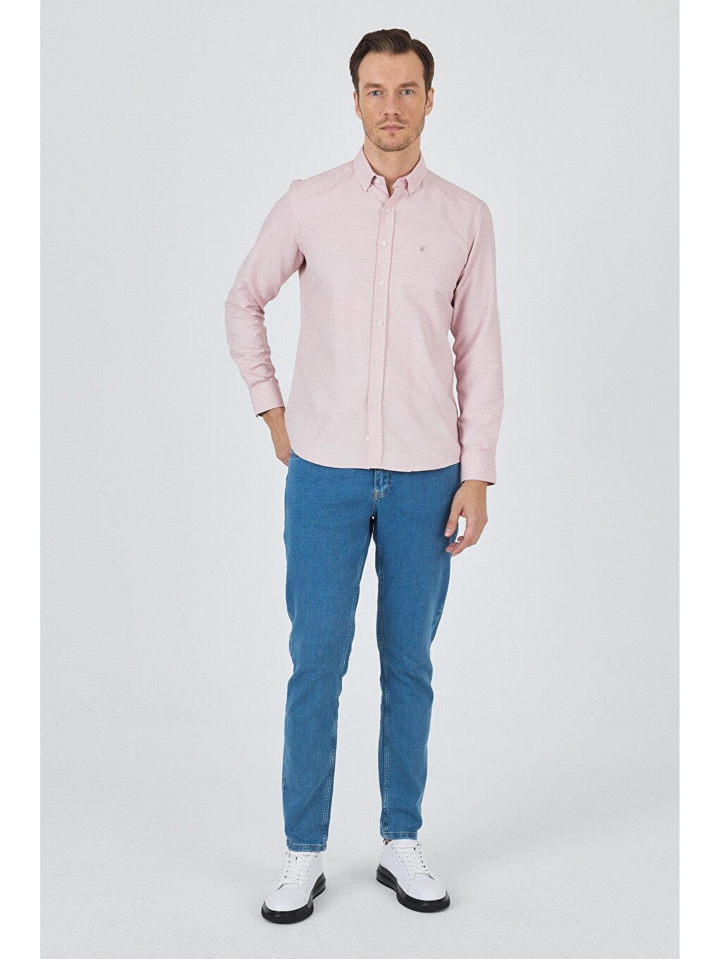 Pembe Uzun Kol Desenli Armürlü Düğmeli Yaka Cepsiz Pamuklu Classic Slim Fit Gömlek 1004250204-1