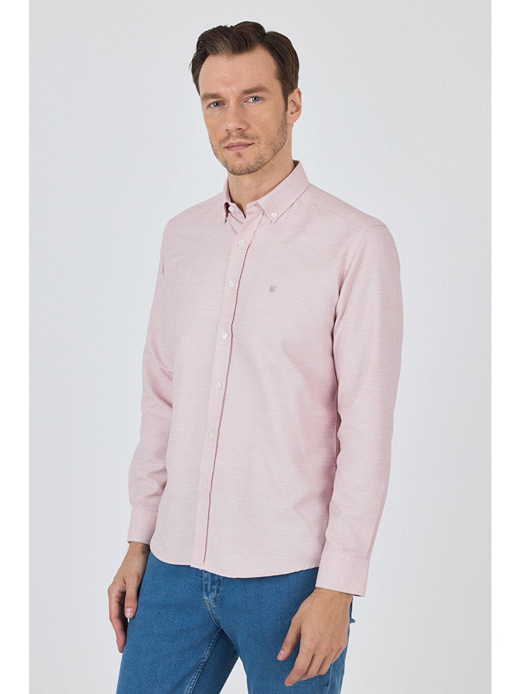 Pembe Uzun Kol Desenli Armürlü Düğmeli Yaka Cepsiz Pamuklu Classic Slim Fit Gömlek 1004250204-2