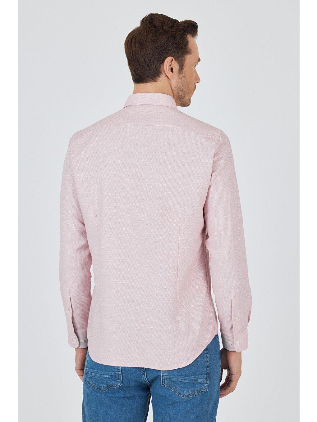 Pembe Uzun Kol Desenli Armürlü Düğmeli Yaka Cepsiz Pamuklu Classic Slim Fit Gömlek 1004250204-4