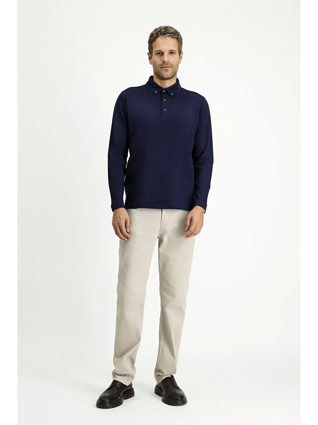 Lacivert Polo Yaka Regular Fit Çizgili Pamuk Sweatshirt