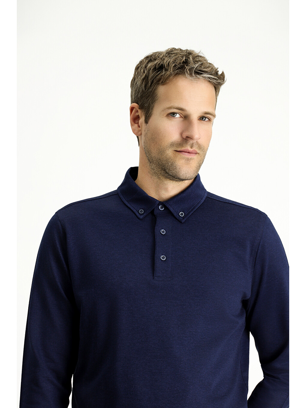 Lacivert Polo Yaka Regular Fit Çizgili Pamuk Sweatshirt-1
