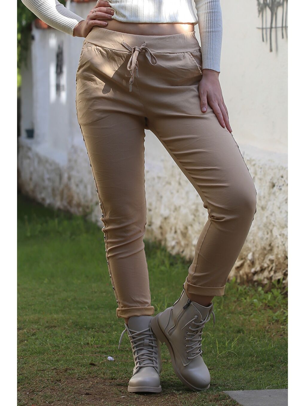 İtalyan Bej Cepli Yanları Şeritli Lastikli Ve Bağlamalı Bel Casual Dokuma Pantolon 98 62-7