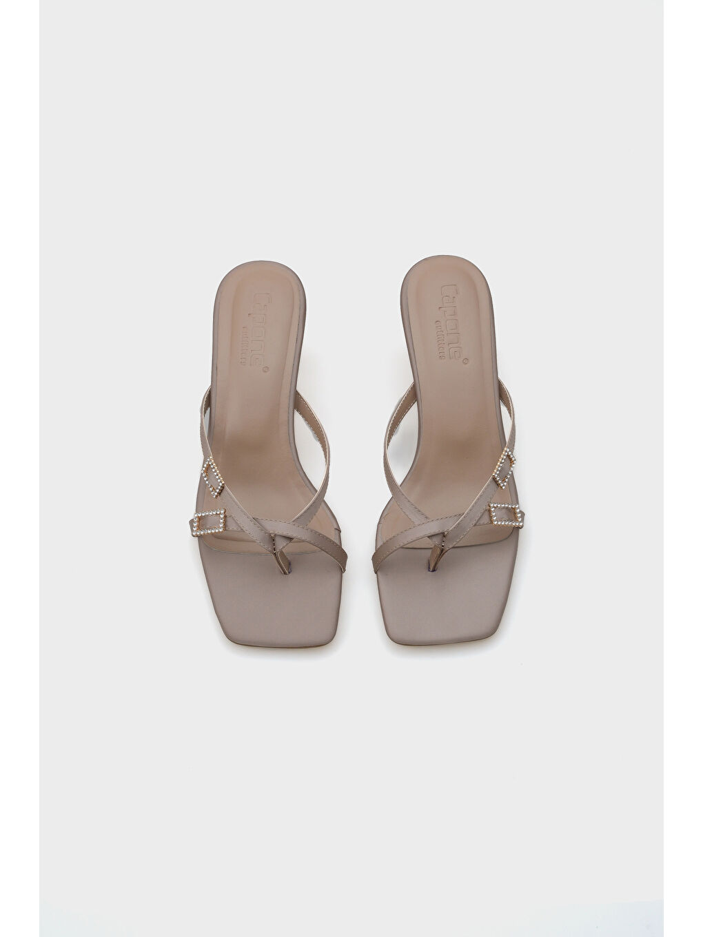 Bej Milena Küt Burunlu Orta Topuklu Çift Taşlı Tokalı Saten Kadın Terlik-5