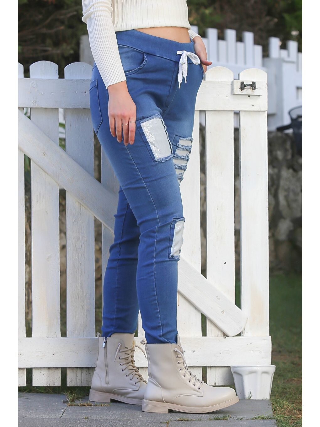 Jean Mavisi Cepli Pul Payet Detaylı Yıkamalı Aplikeli Lastikli Bel Denim Pantolon 105 60-3