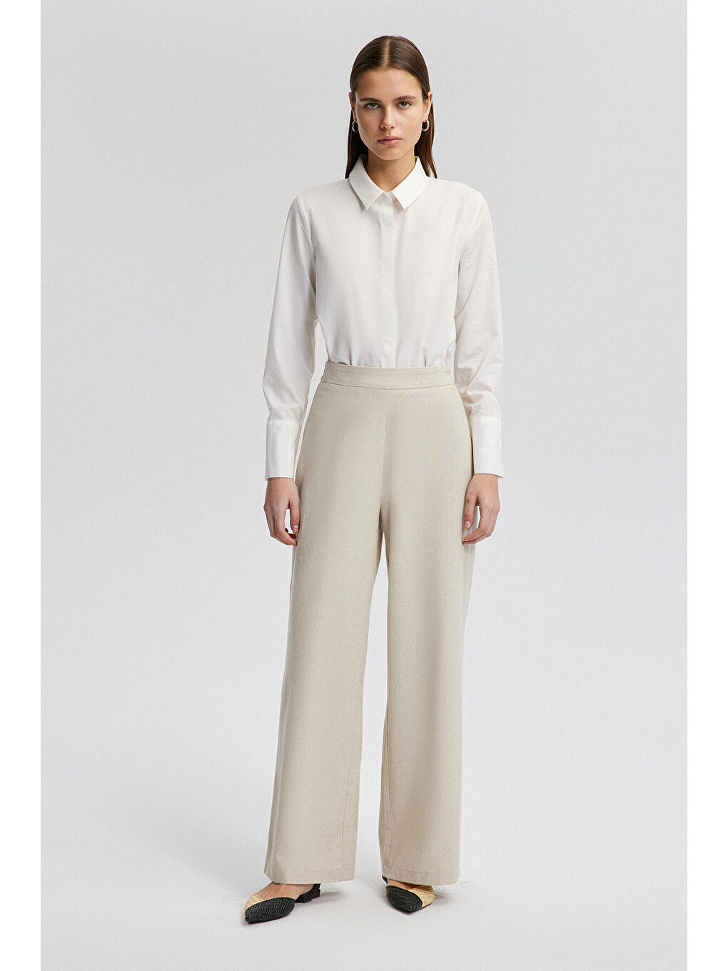 Ekru Bol Paça Keten Pantolon