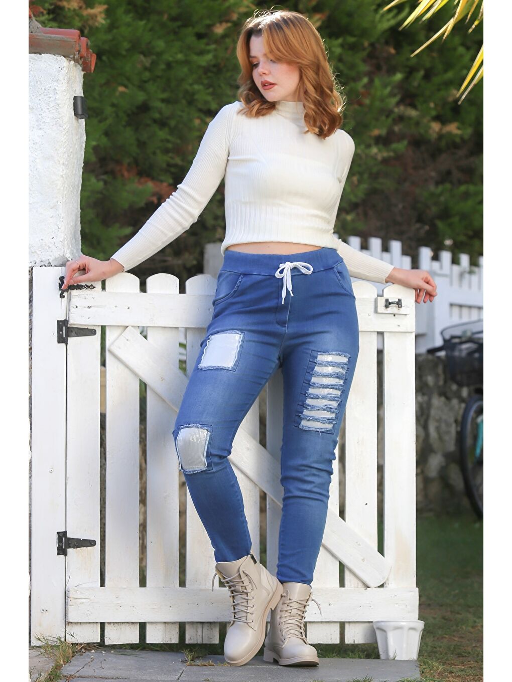 Jean Mavisi Cepli Pul Payet Detaylı Yıkamalı Aplikeli Lastikli Bel Denim Pantolon 105 60-6