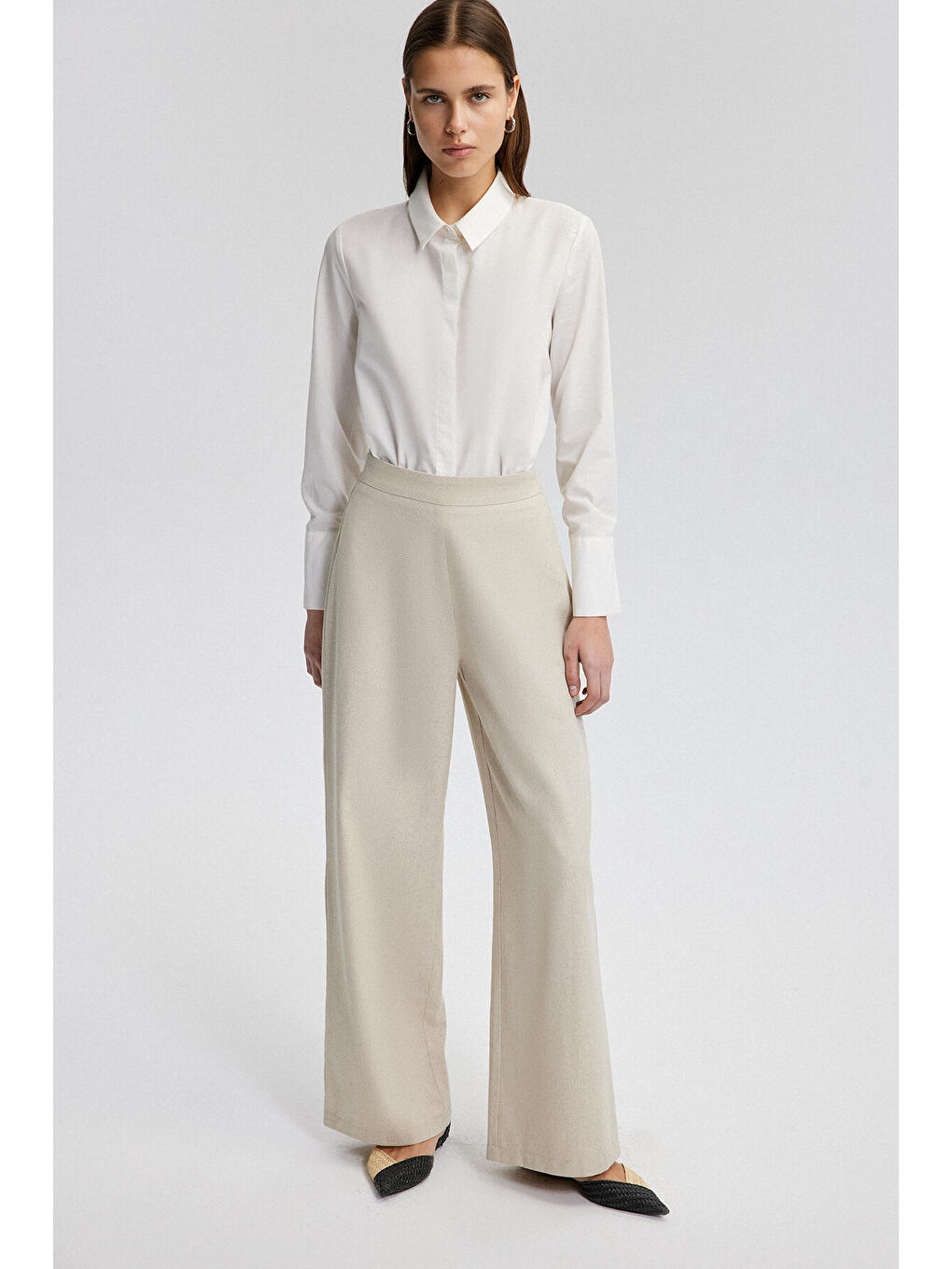 Ekru Bol Paça Keten Pantolon-1