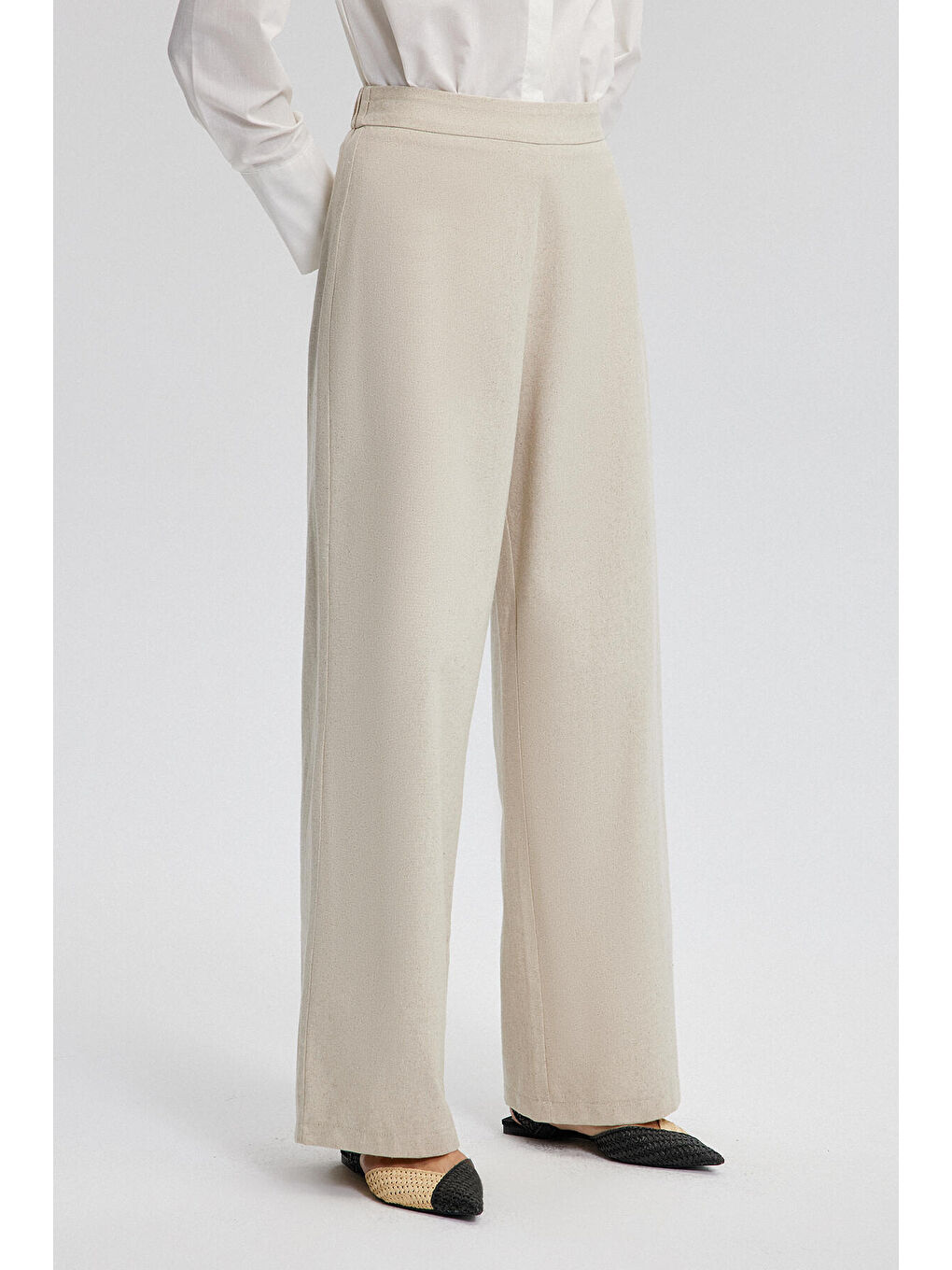 Ekru Bol Paça Keten Pantolon-2