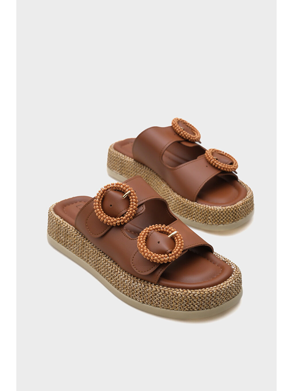 Kahverengi Marla Çift Tokalı Dolgu Topuklu Konfor Kadın Terlik-1