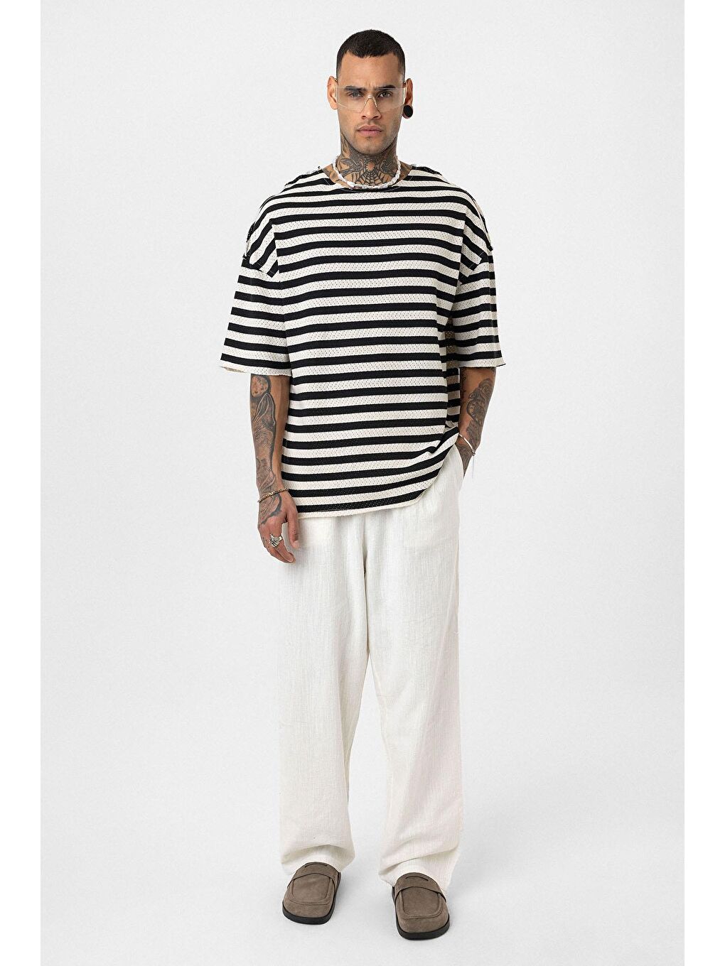 Çizgili Oversize Triko Tişört Siyah