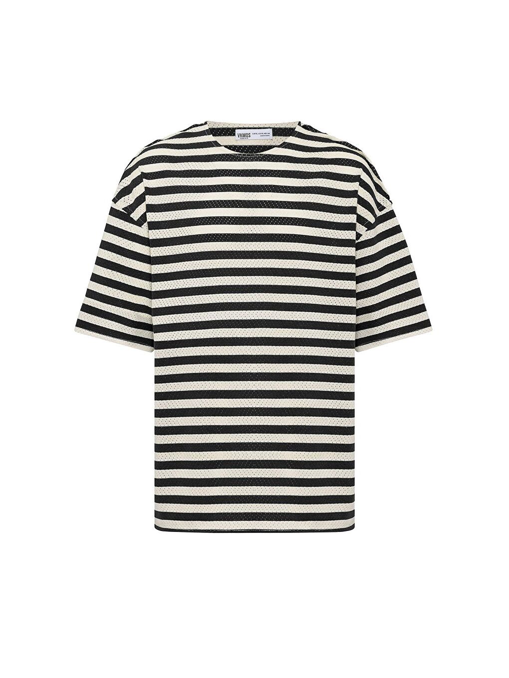 Çizgili Oversize Triko Tişört Siyah-1