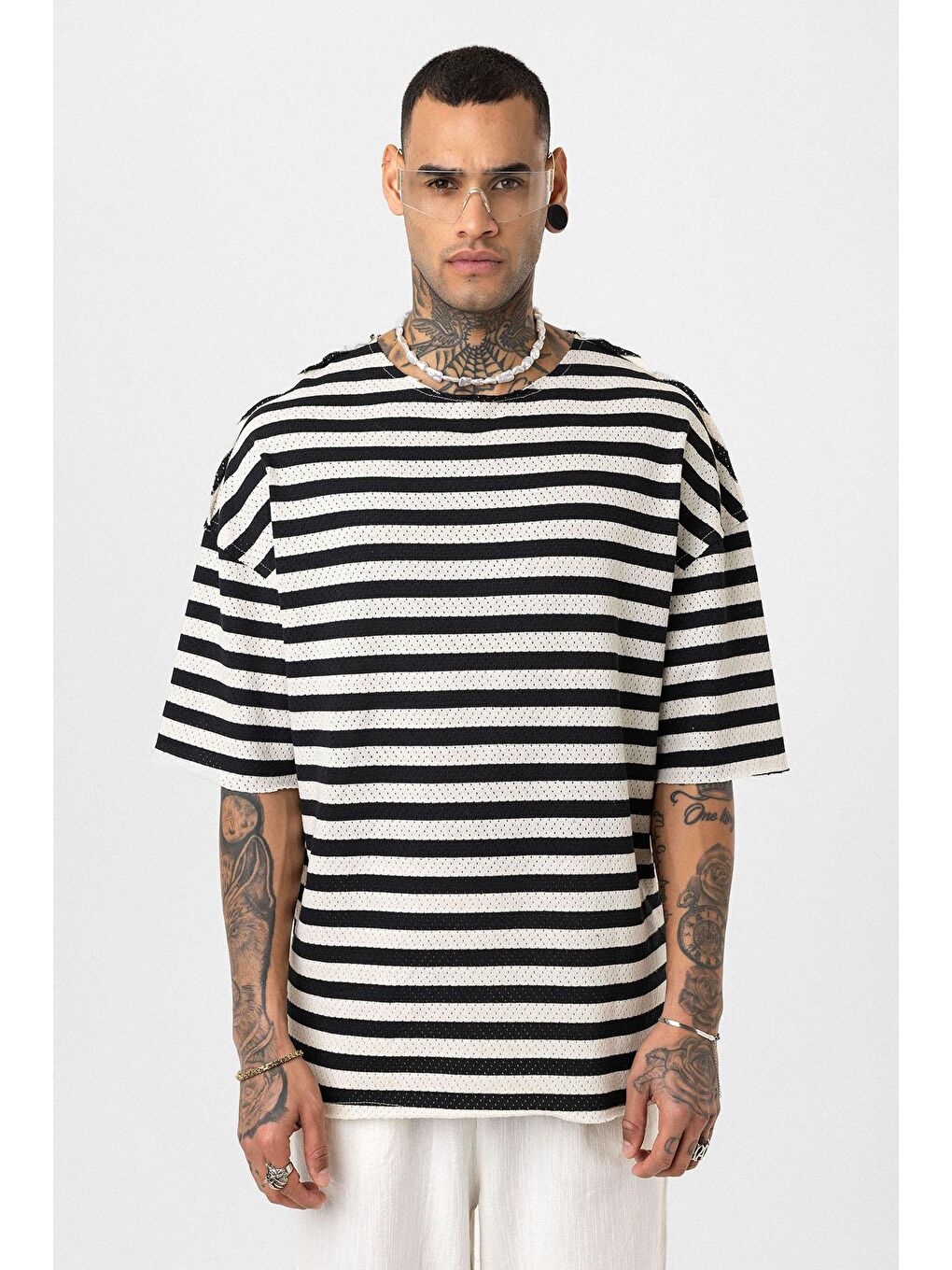 Çizgili Oversize Triko Tişört Siyah-2