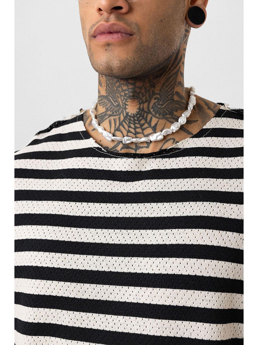 Çizgili Oversize Triko Tişört Siyah-4