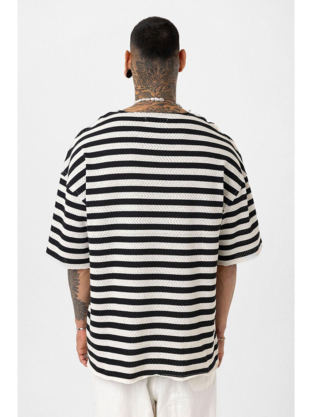 Çizgili Oversize Triko Tişört Siyah-5