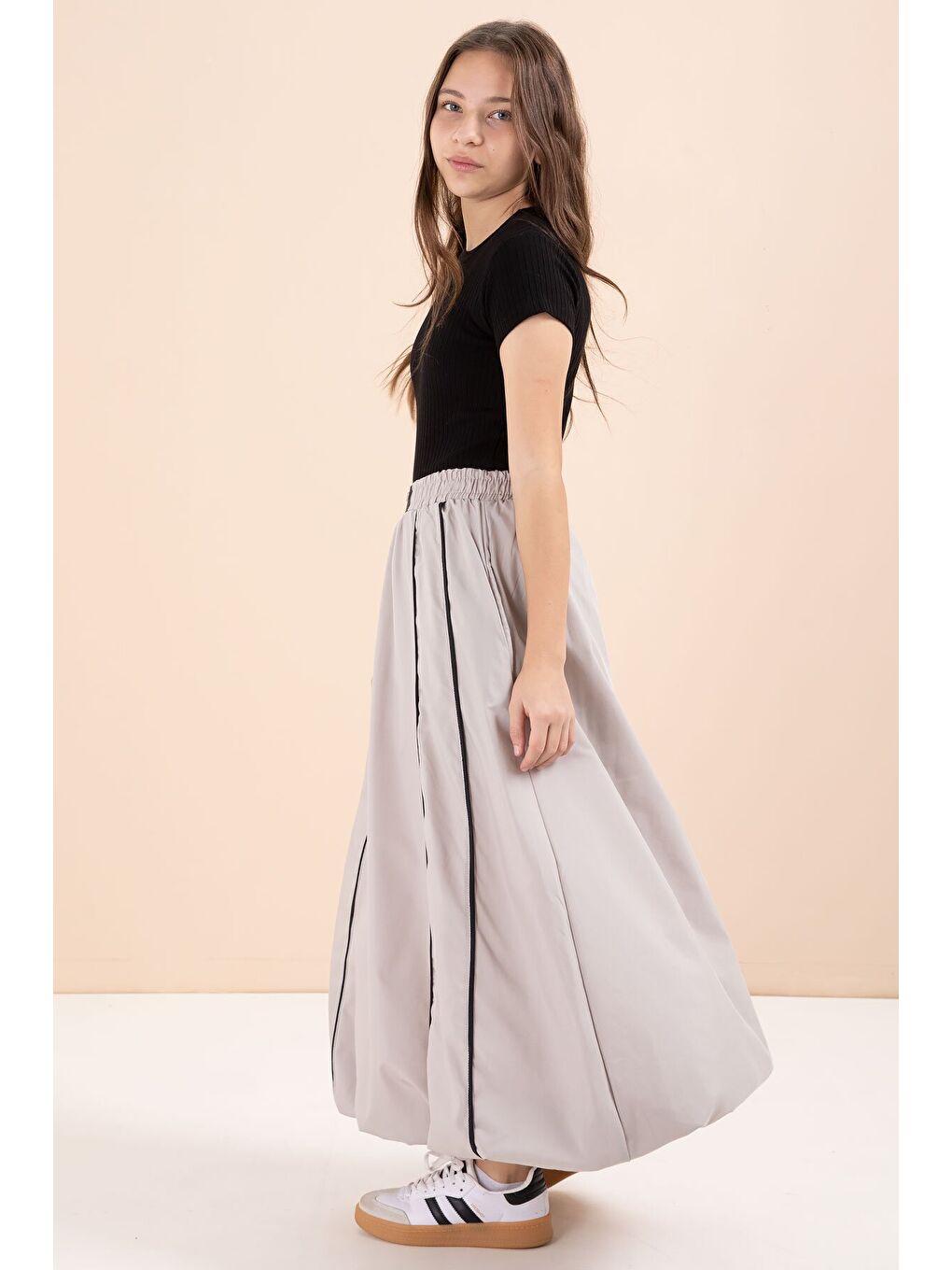 Kahverengi Çizgili Balon Etekli Kısa Kol Badili 2li Kız Çocuk Takım 23462-3