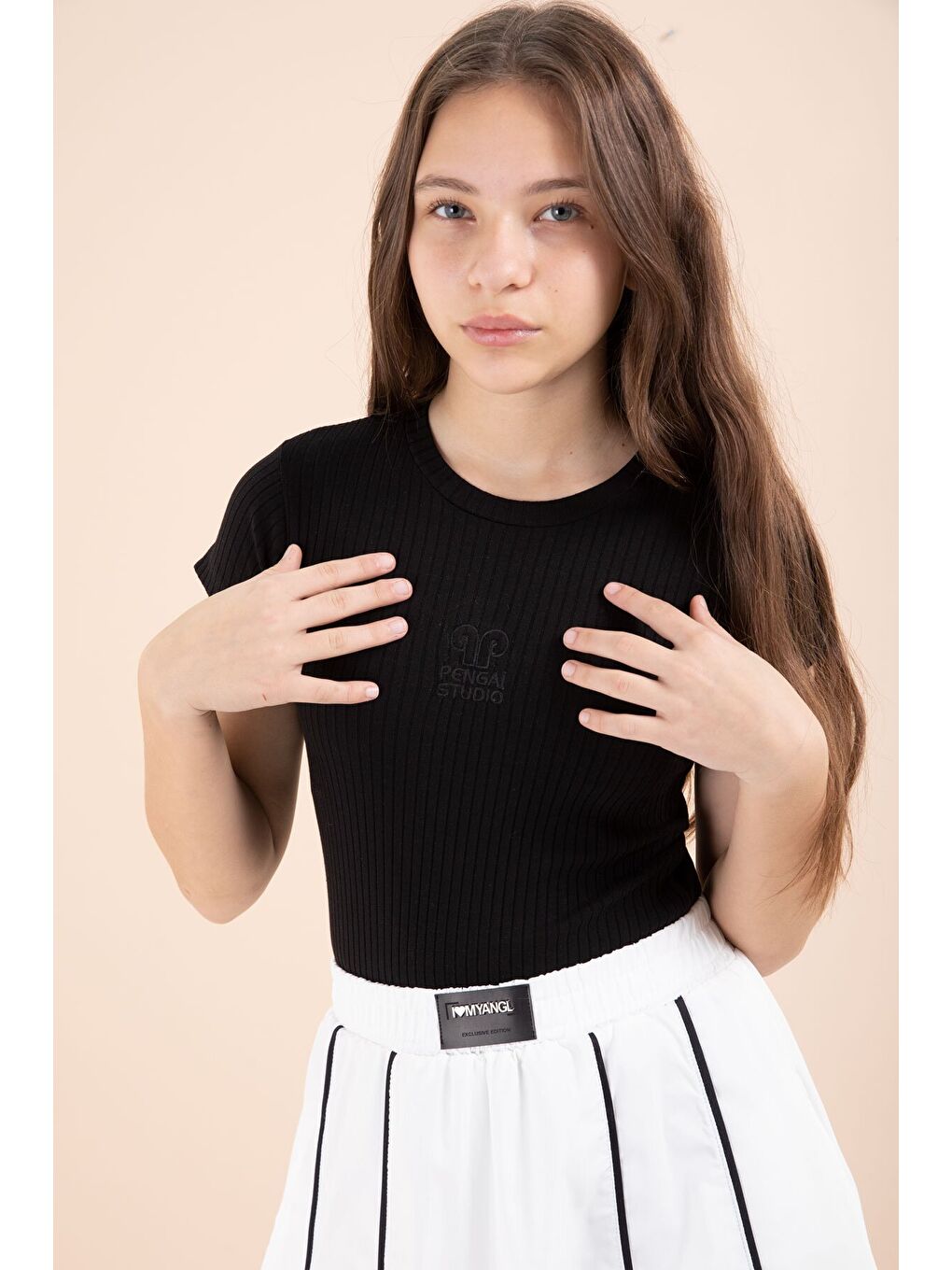 Beyaz Çizgili Balon Etekli Kısa Kol Badili 2li Kız Çocuk Takım 23460-2