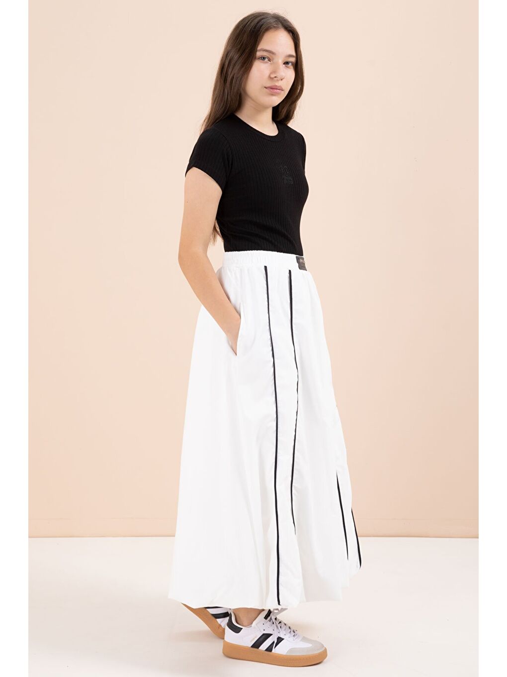 Beyaz Çizgili Balon Etekli Kısa Kol Badili 2li Kız Çocuk Takım 23460-3