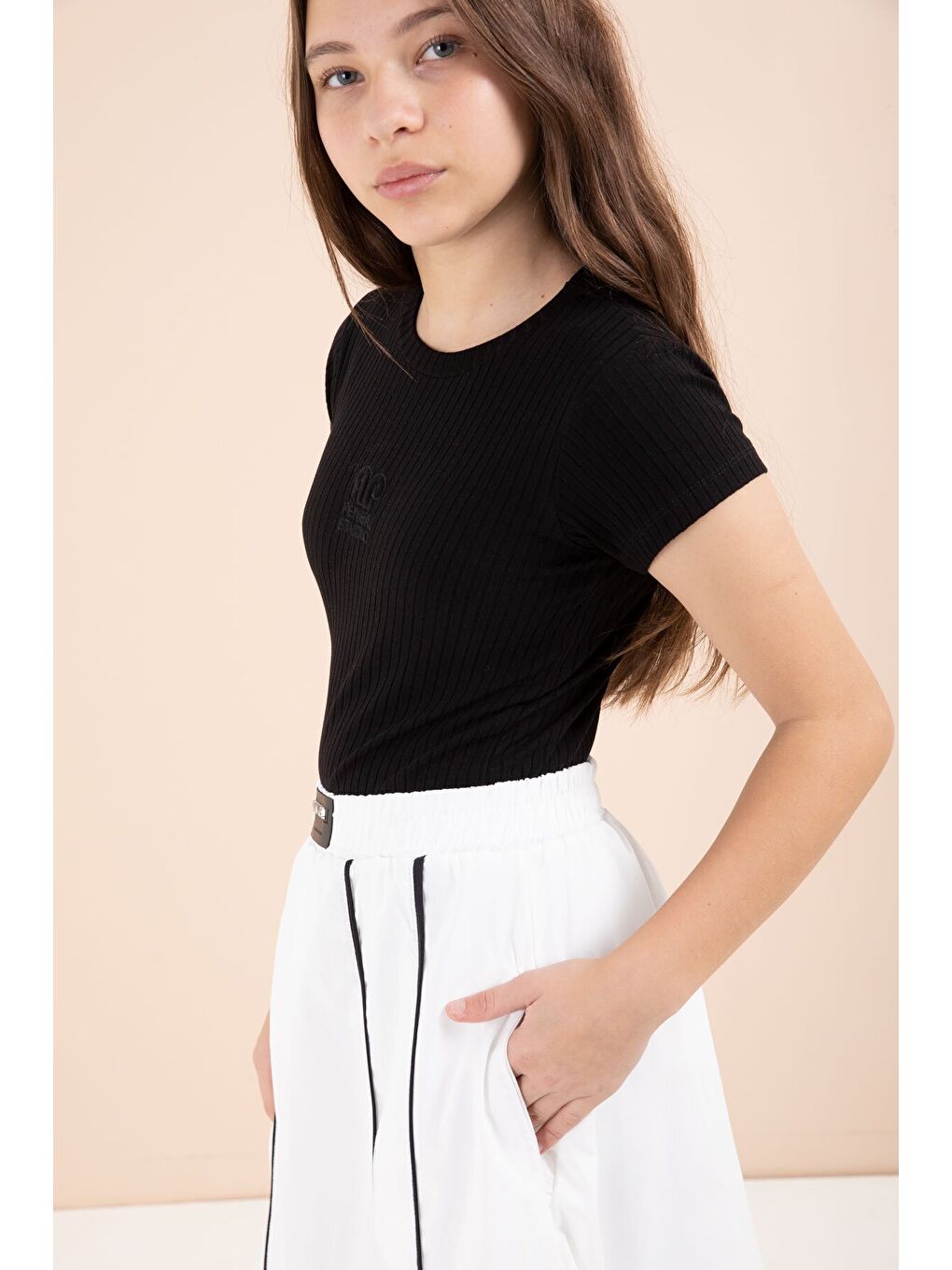 Beyaz Çizgili Balon Etekli Kısa Kol Badili 2li Kız Çocuk Takım 23460-4