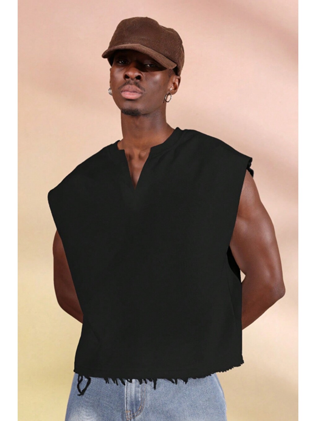 Siyah Erkek Oversize Kolsuz Sweatshirt V Yaka Streetwear T-Shirt