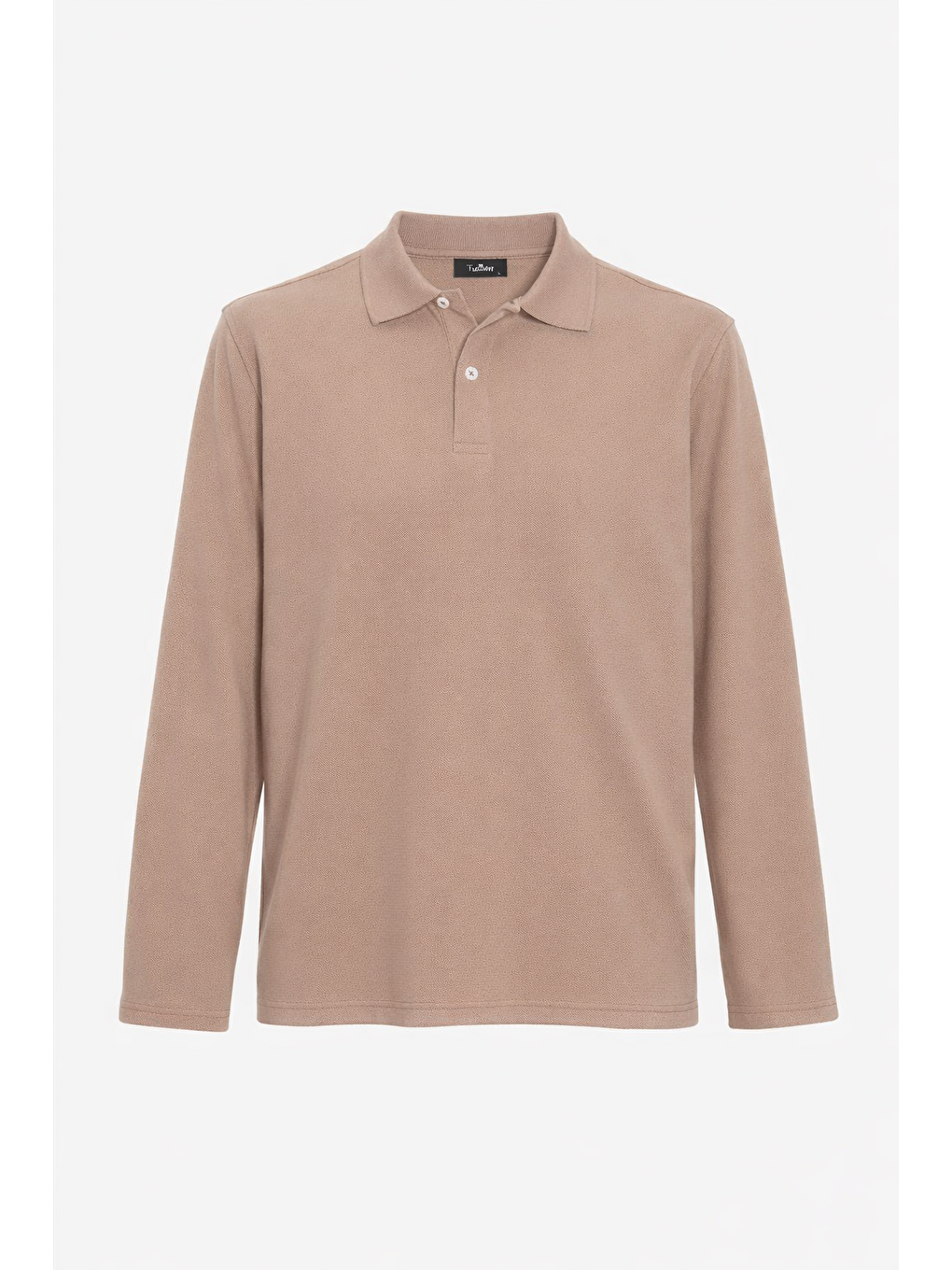 Bej Erkek Standart Fit Rahat Kesim Pamuklu Yumuşak Dokulu Düz Pike Uzun Kollu Taş Polo Yaka Tişört