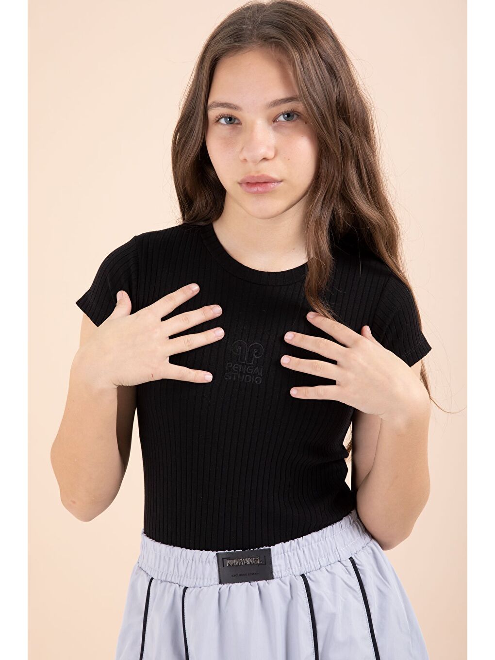 Gri Çizgili Balon Etekli Kısa Kol Badili 2li Kız Çocuk Takım 23461-1