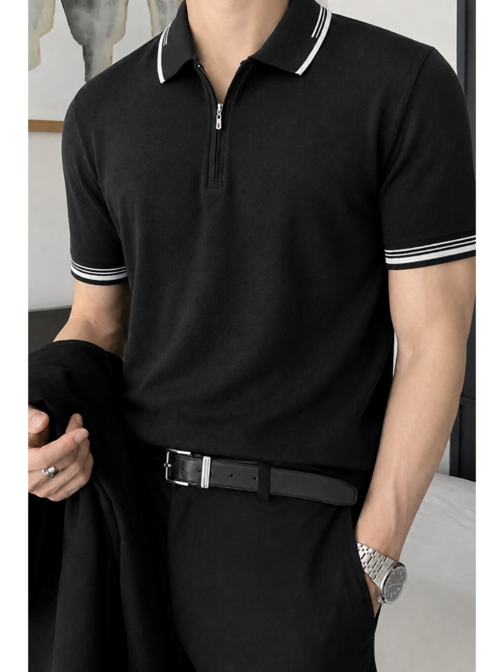 Siyah Erkek Fermuar Yaka Triko Polo Tişört – Slim Fit Pamuklu Yazlık Triko