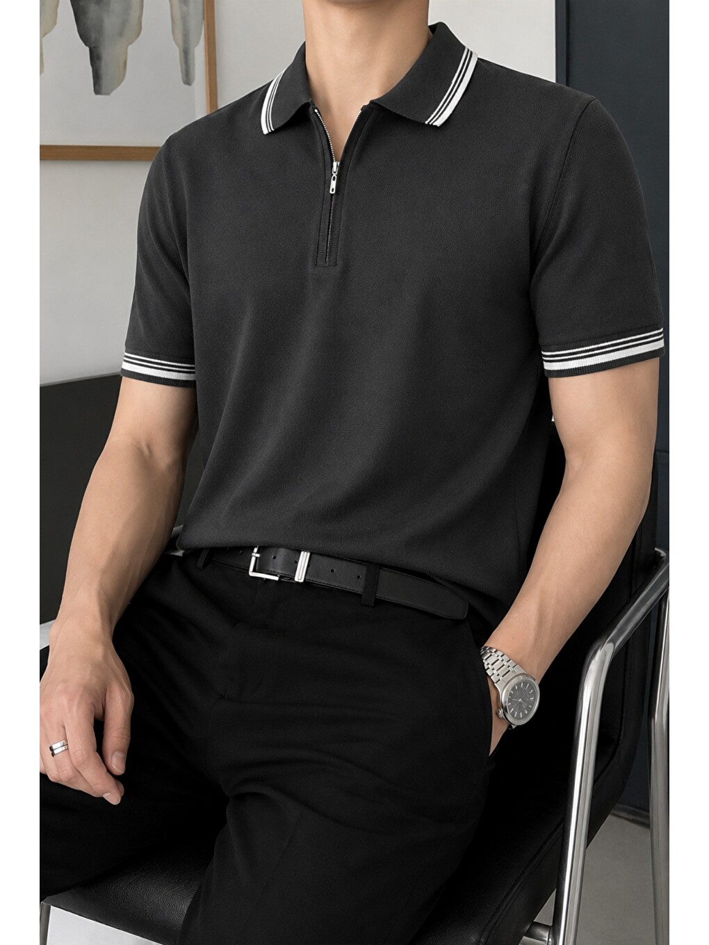 Siyah Erkek Fermuar Yaka Triko Polo Tişört – Slim Fit Pamuklu Yazlık Triko-1